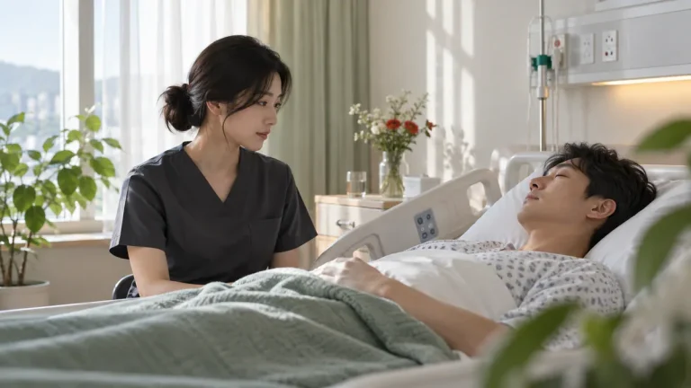 맥박을 재는 듯한 자세로 환자의 자연스러운 호흡을 관찰하는 한국인 간호사
