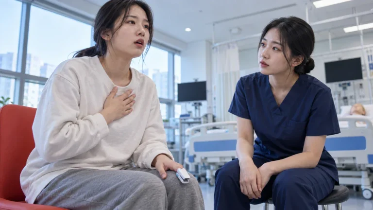 산소포화도 기기보다 동료 학생의 호흡 상태와 표정을 함께 살피는 한국인 간호학생