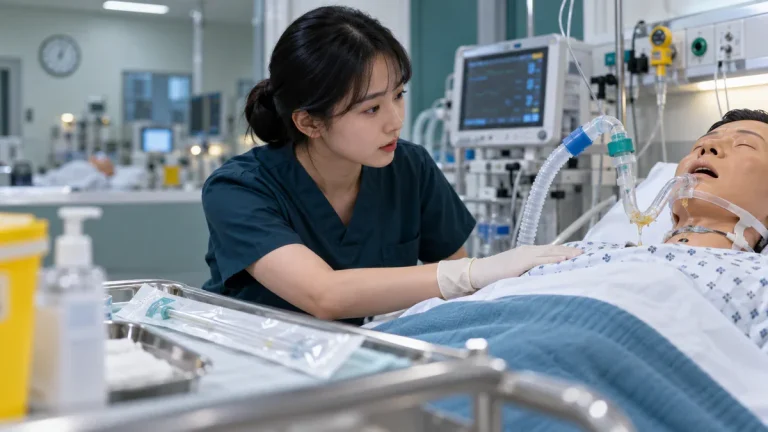 흡인 카테터를 열기 전 환자의 기침과 호흡 신호를 살피는 한국인 간호사