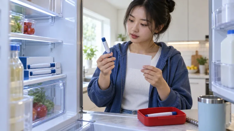 냉장고 속 미개봉 인슐린과 사용 중인 펜의 안내카드를 비교하는 한국인 간호학생