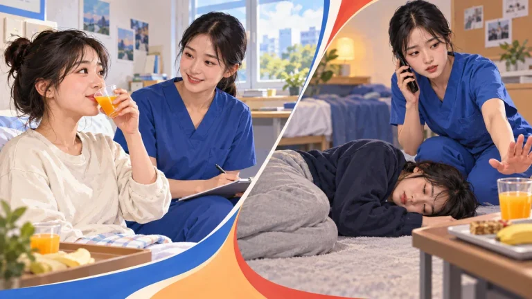 의식 있는 학생과 삼키기 어려운 학생의 서로 다른 저혈당 대응을 그린 일러스트