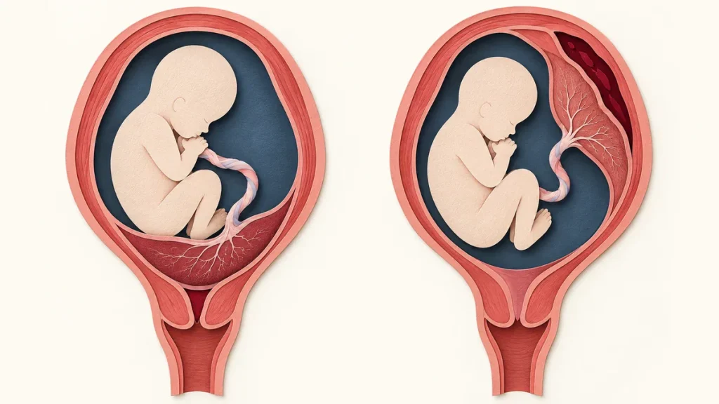 두 자궁 단면을 종이 공예처럼 나란히 배치해 태반 위치와 박리 차이를 보여주는 교육 이미지