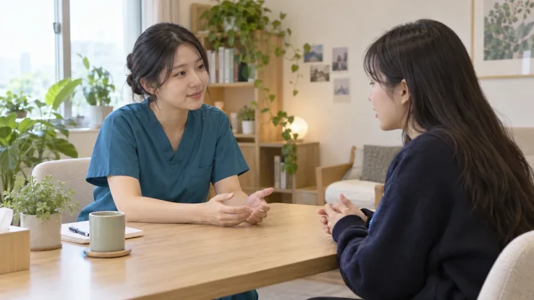 조용한 상담실에서 눈높이를 맞추고 열린 자세로 이야기를 듣는 20대 한국인 간호사와 또래 여성