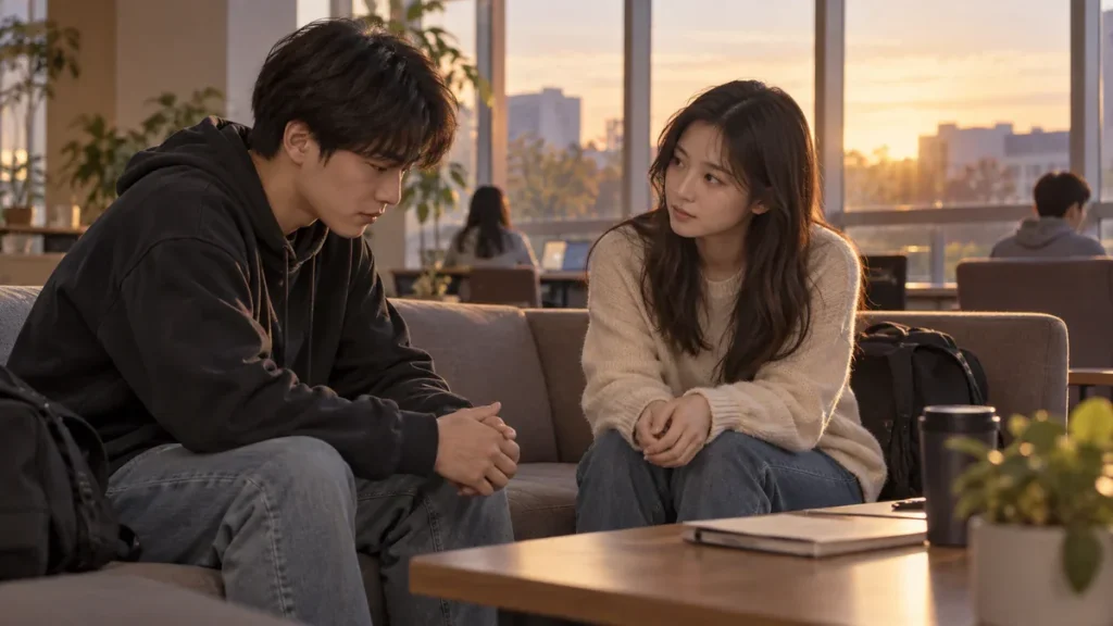늦은 오후 방에서 힘들어하는 또래의 곁을 지키며 차분히 대화하는 20대 한국인 대학생 두 명