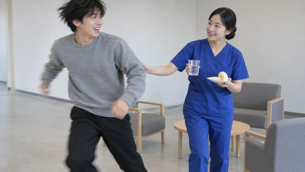 병동 라운지에서 빠르게 움직이는 20대 환자에게 물과 간편식을 건네며 안전을 살피는 한국인 간호사