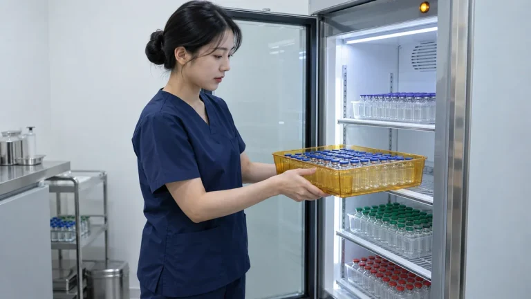 백신 냉장고 앞에서 별도 보관함을 들어 격리 상태를 확인하는 20대 한국인 공중보건 간호사