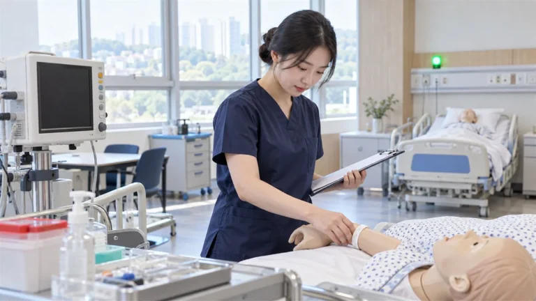 간호 시뮬레이션실에서 20대 한국인 간호학생이 훈련용 마네킹의 팔찌를 확인하는 장면