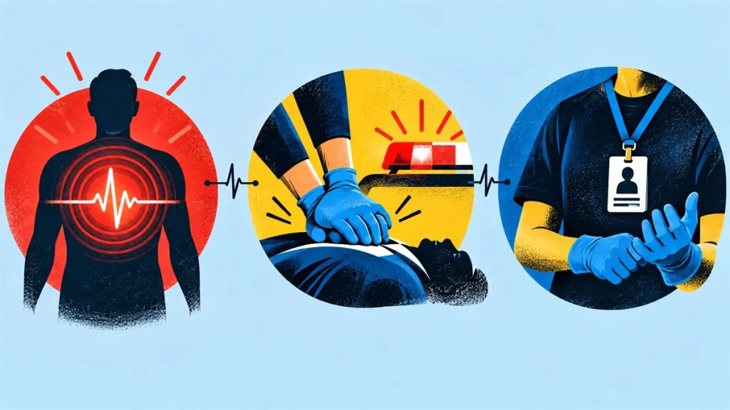 응급 환자, 응급 처치, 자격 종사자를 세 원형 영역으로 분리한 스크린프린트 일러스트