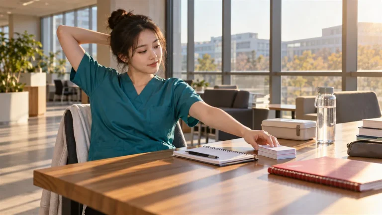 석양이 드는 캠퍼스 라운지에서 청록색 스크럽의 20대 한국인 간호학생이 스트레칭하는 모습