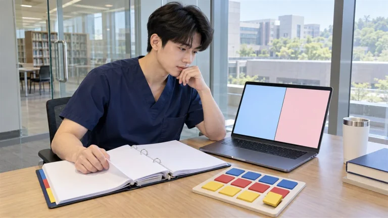 빈 화면과 빈 법규 바인더를 비교하며 계획 타일 하나를 옮기는 20대 한국인 남자 간호학생
