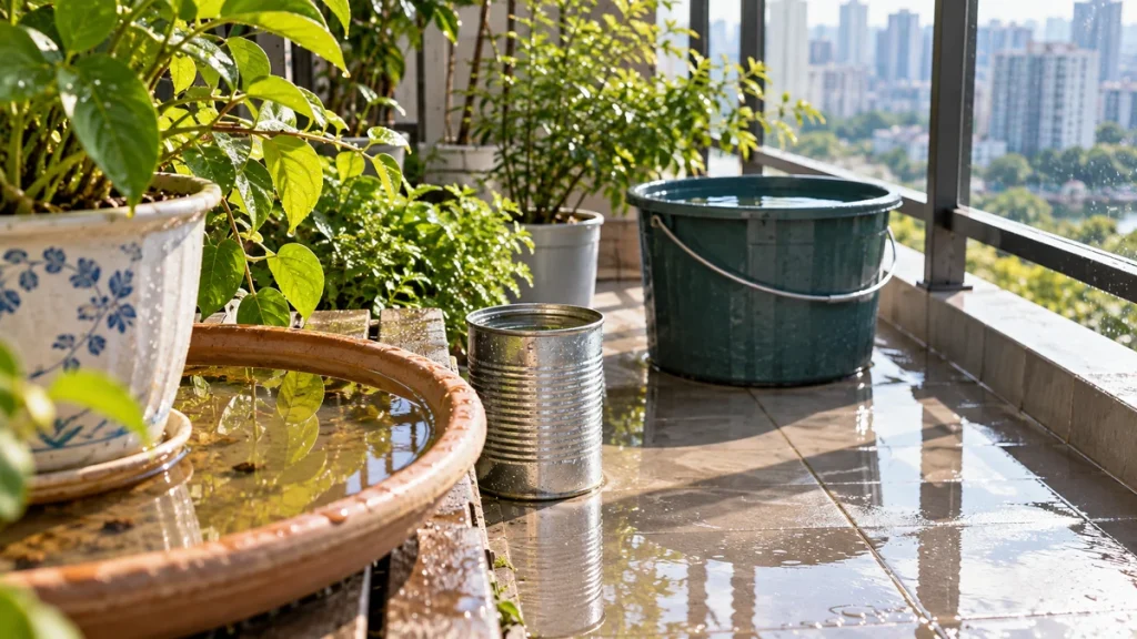 베란다의 화분 받침과 캔, 물통에 빗물이 고여 있는 사진