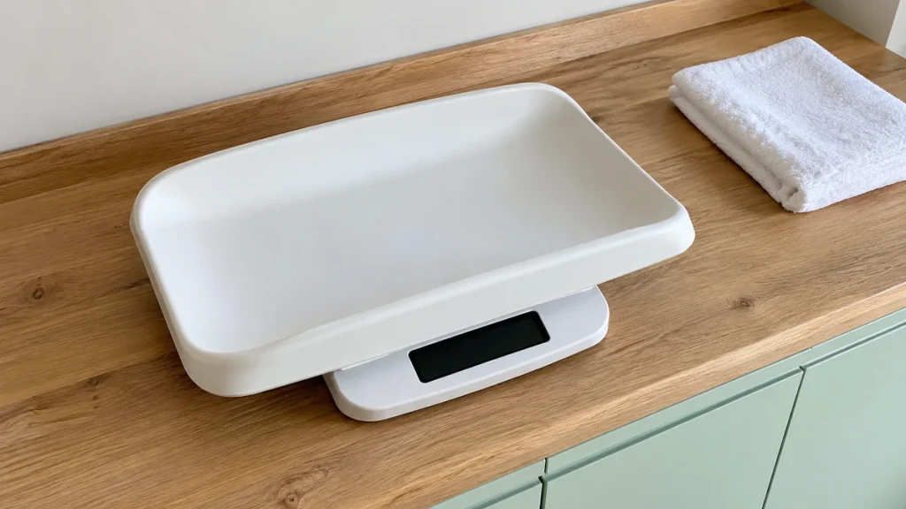 꺼진 체중계와 접은 흰 천이 놓인 신생아 준비대