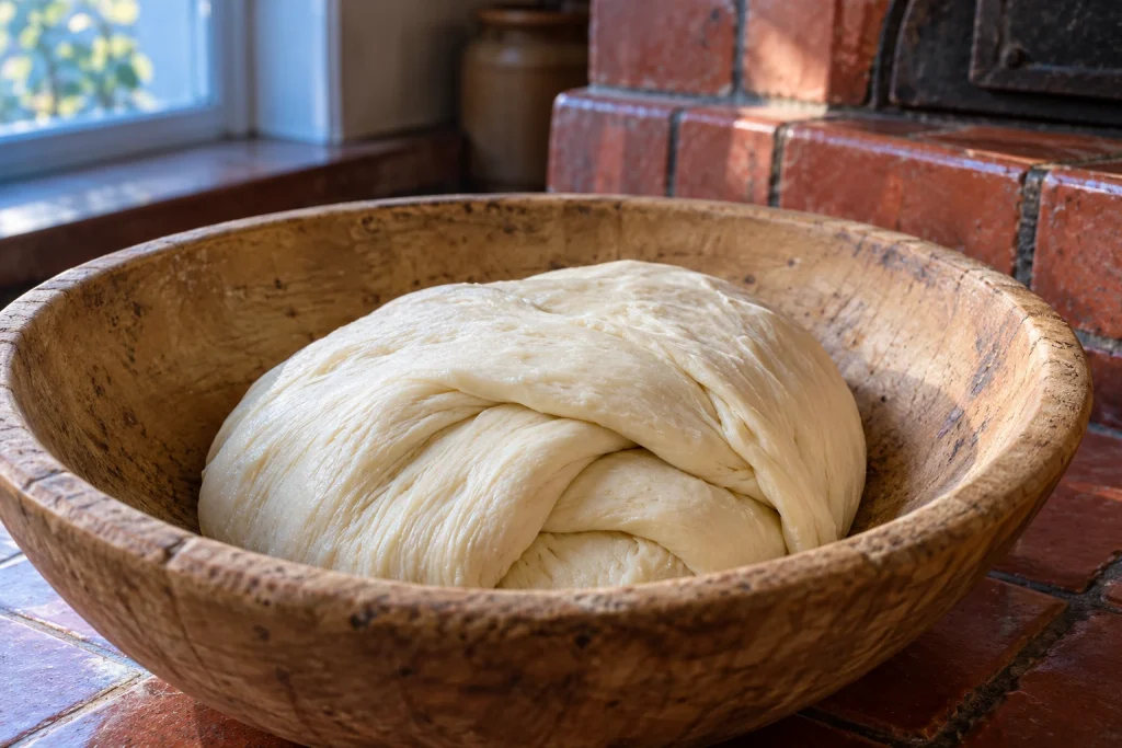 목제 그릇 안에 놓인 접힌 반죽