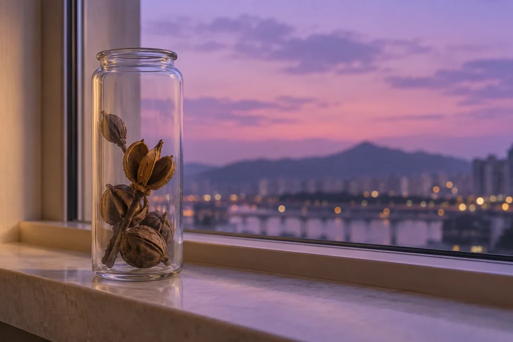황혼 창턱에서 마른 씨앗 꼬투리를 담은 유리병