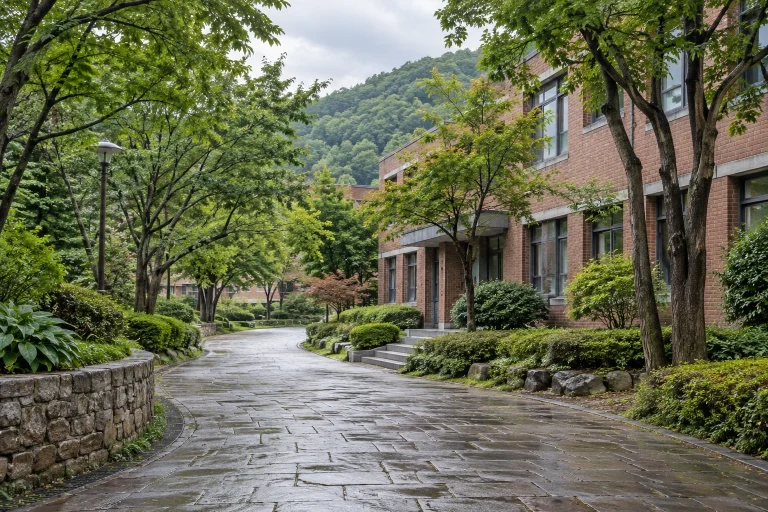 초록 수목과 낮은 벽돌 교사동 사이로 이어지는 비어 있는 캠퍼스 길