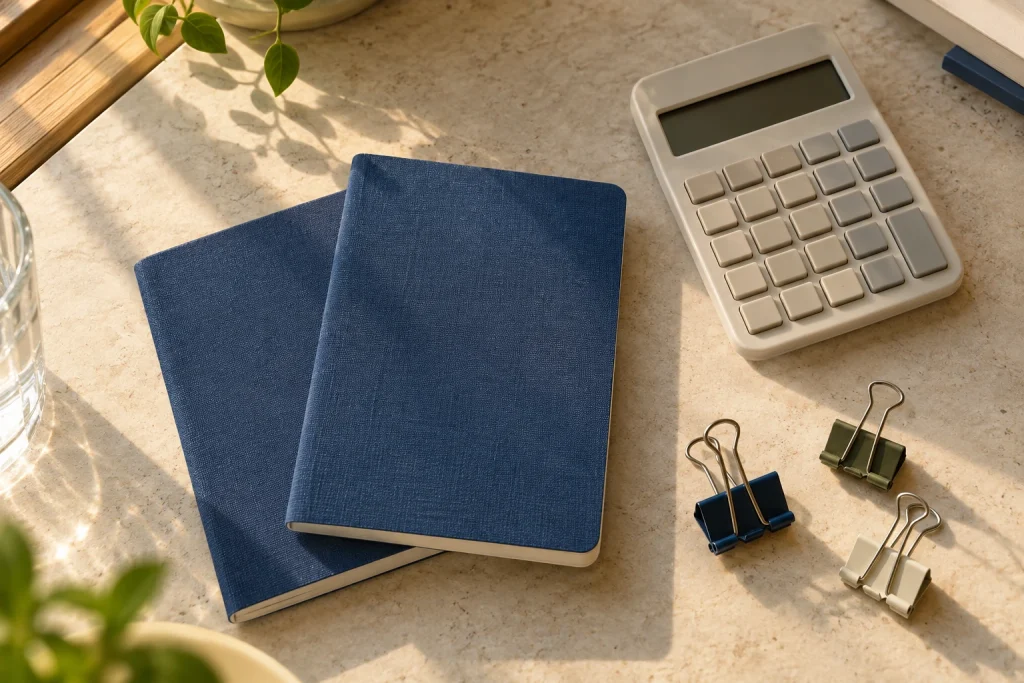 파란 무표식 책자와 클립, 빈 키의 꺼진 계산기