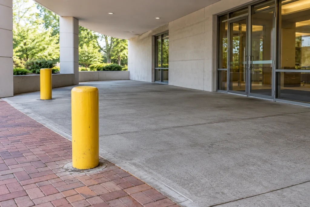 노란 안전 볼라드와 벽돌·콘크리트 포장이 이어지는 빈 건물 입구의 편집용 사진