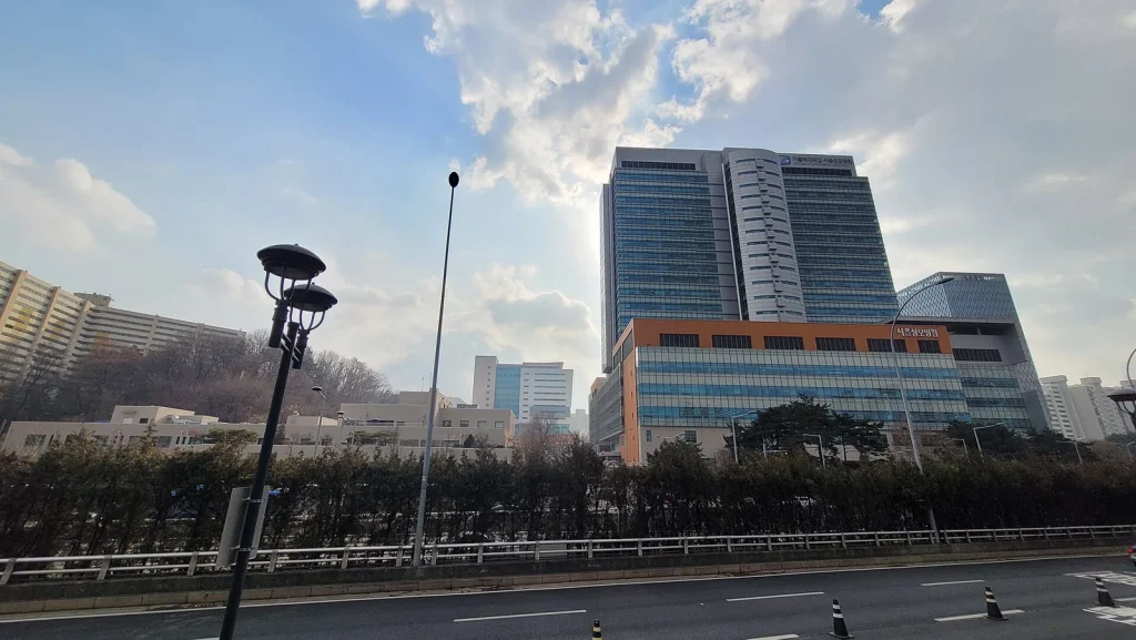 가로등과 수목 너머로 보이는 서울성모병원 외관